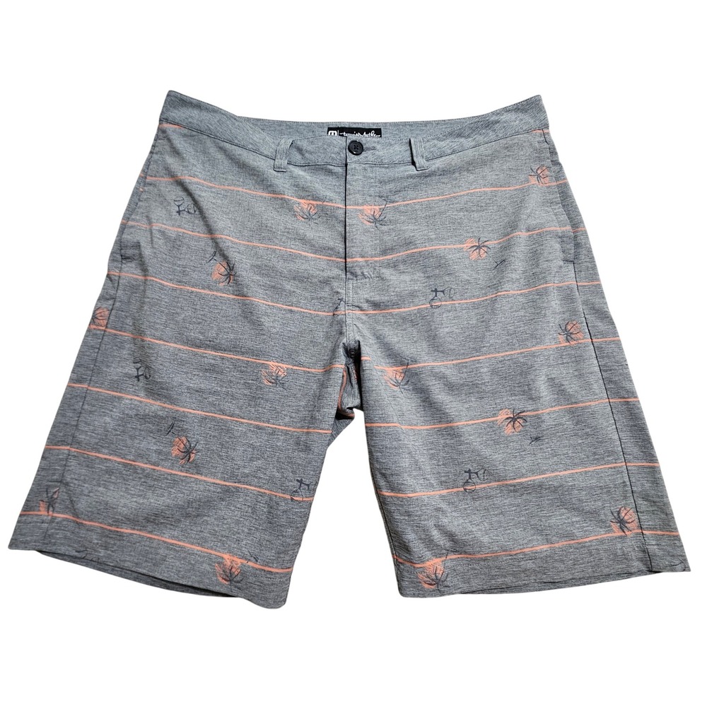 TravisMathew Golf Shorts Mens 36 Grey Orange Striped Tropical Palm Tree Maracas